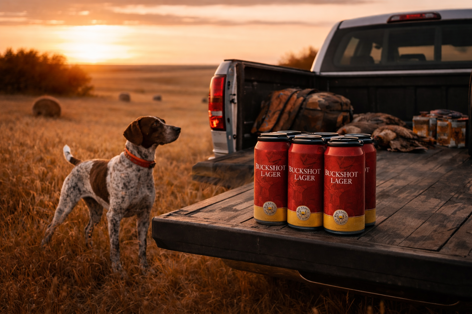 Buckshot Lager cans on a field tailgate at sunset